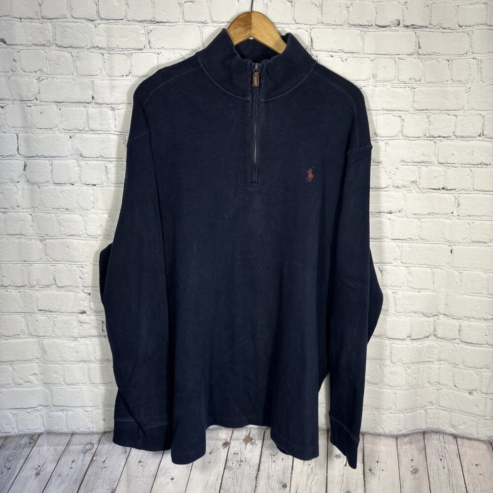 Polo Ralph Lauren Men's XXL Blue Ribbed Quarter Zip Long Sleeve Pullover Sweater